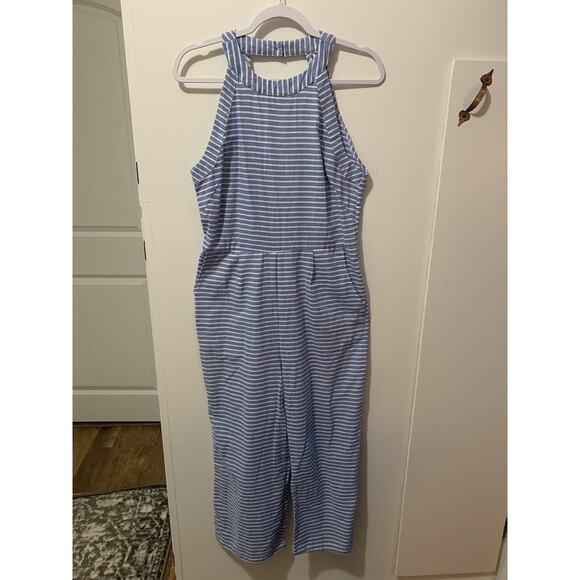 OC Order Plus Linen Jumpsuit Wide Leg Pantsuit Romper Blue Striped Beach Boho L‎ - Picture 11 of 16